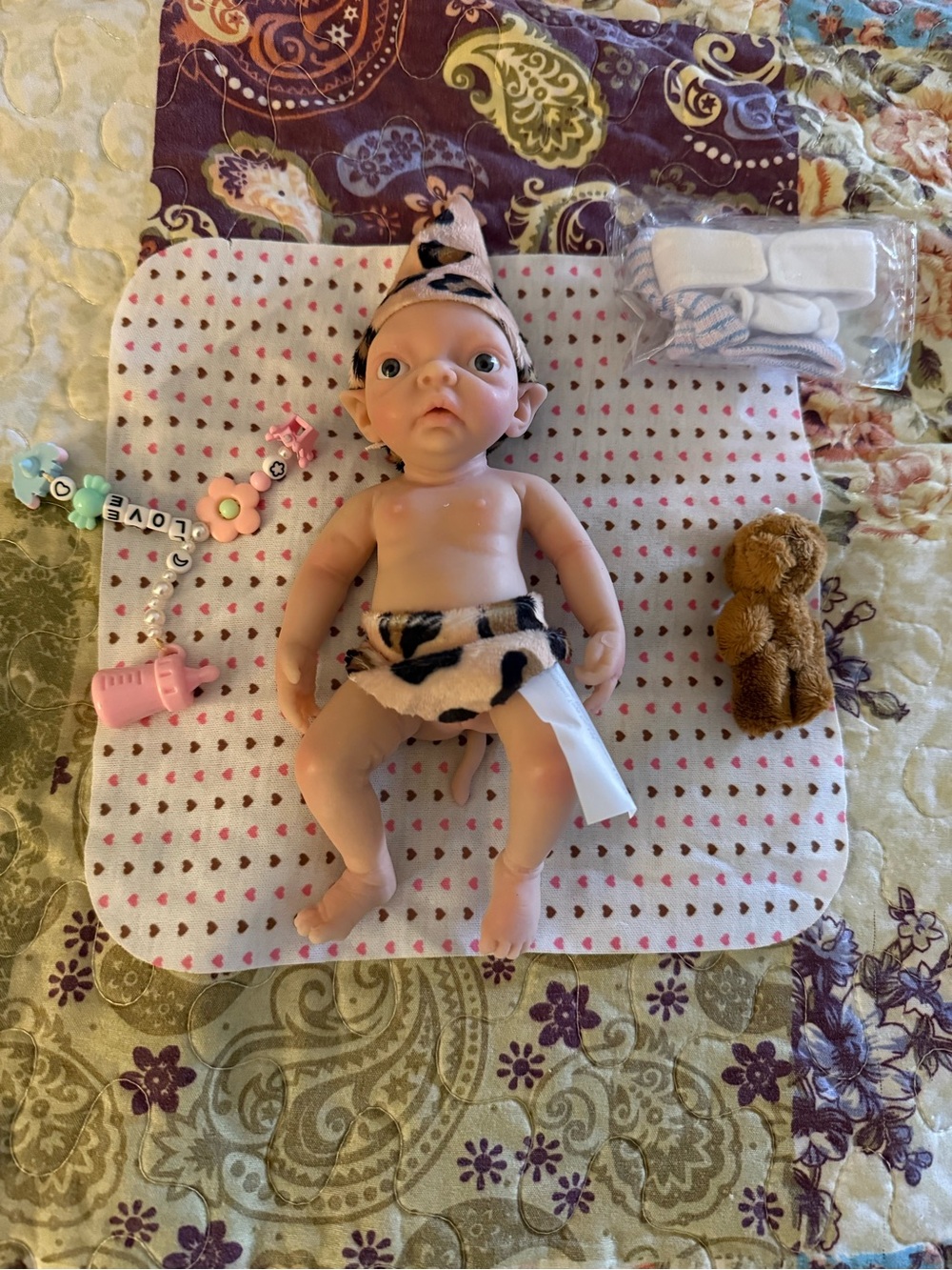Reborn Silicone Baby Elf Doll in Beige and Black Animal-Print Outfit